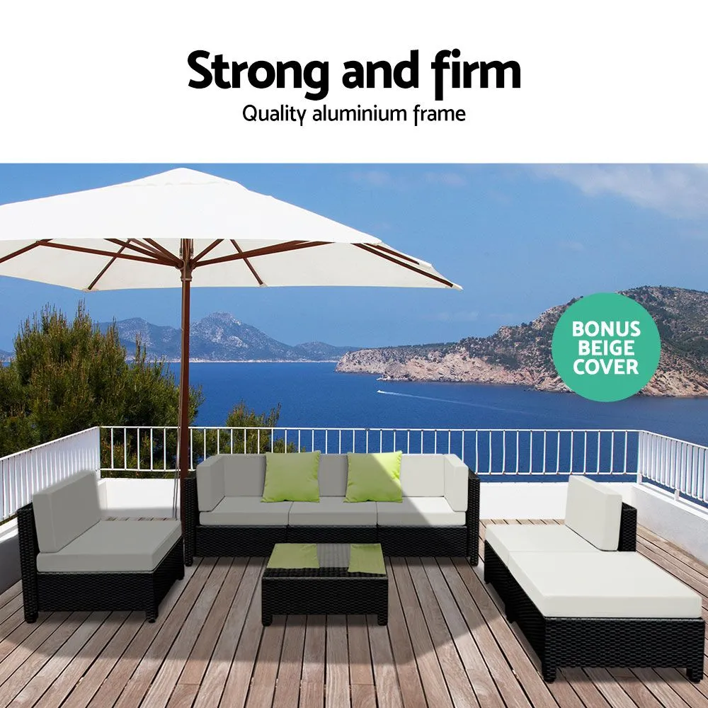 Bondi 6 Seat Corner Wicker Outdoor Lounge Set With Bonus Beige Cushion Covers