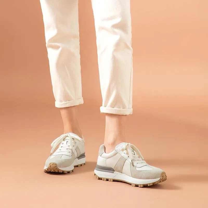 Casual Sneakers Women Suede Leather Patchwork Mixed Colors Lace-Up Round Toe Platform Shoes Lady Flats Handmade 29121