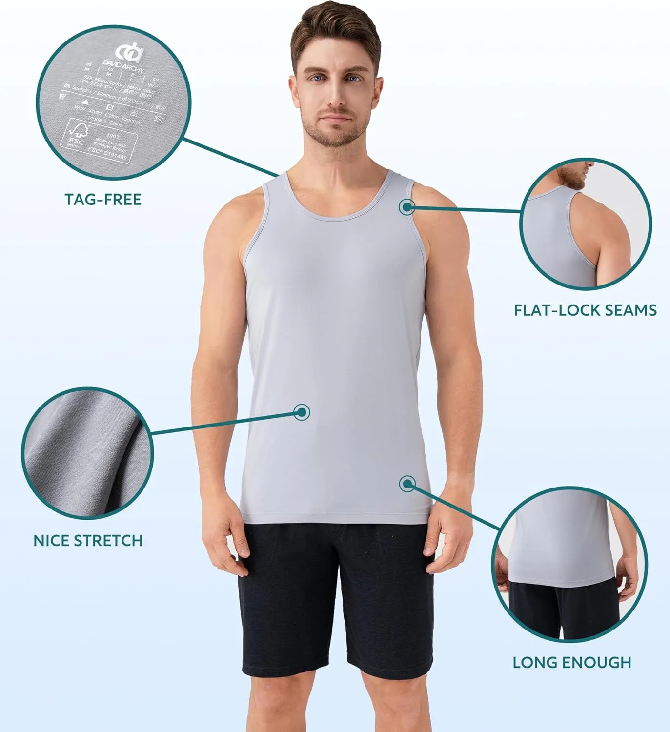 DAVID ARCHY Men's Tank Top Undershirt Micro Modal Undershirts Moisture-Wicking Tank A-Shirt for Men, 3-Pack