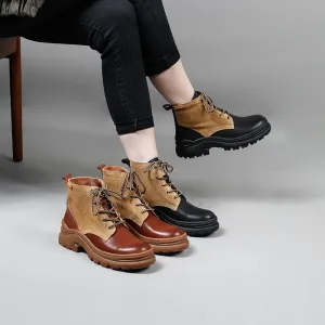 Designer Handmade Leather Combat Boots Retro Chunky Ankle Boots Color Blocking