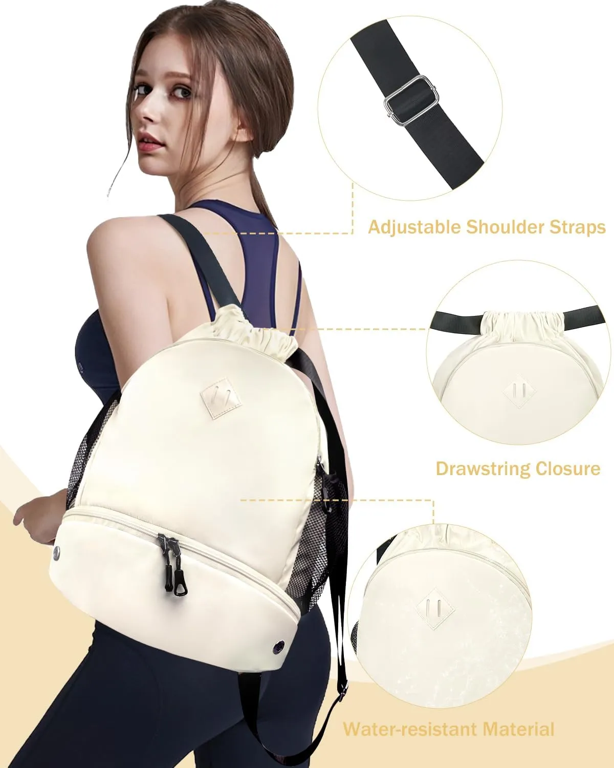 Drawstring Backpack Gym Backpack with Shoe Compartment for Men Women String Sports Bag with Wet Pocket Cinch Swim Beach Bag, Beige (Patent Pending)