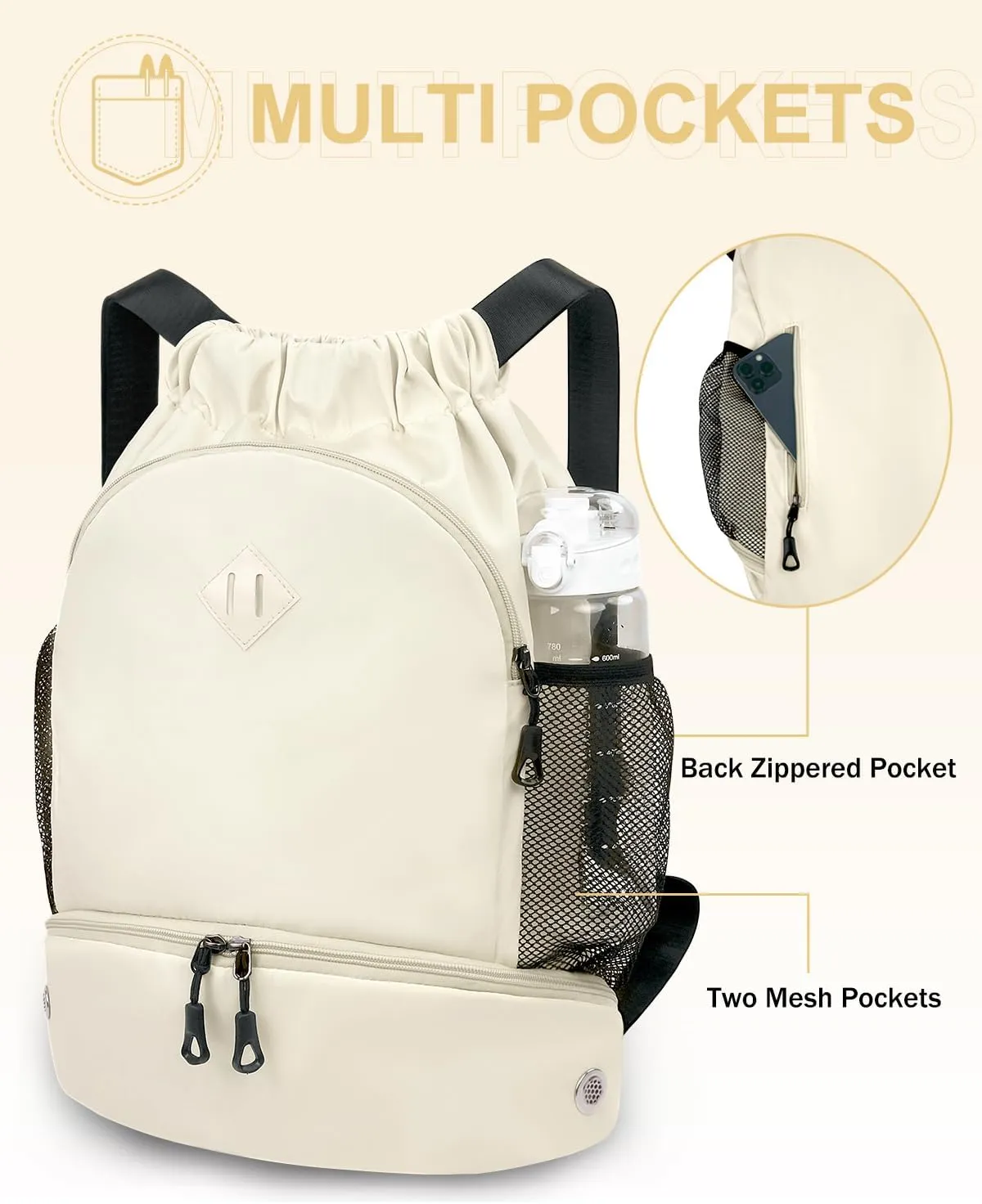Drawstring Backpack Gym Backpack with Shoe Compartment for Men Women String Sports Bag with Wet Pocket Cinch Swim Beach Bag, Beige (Patent Pending)