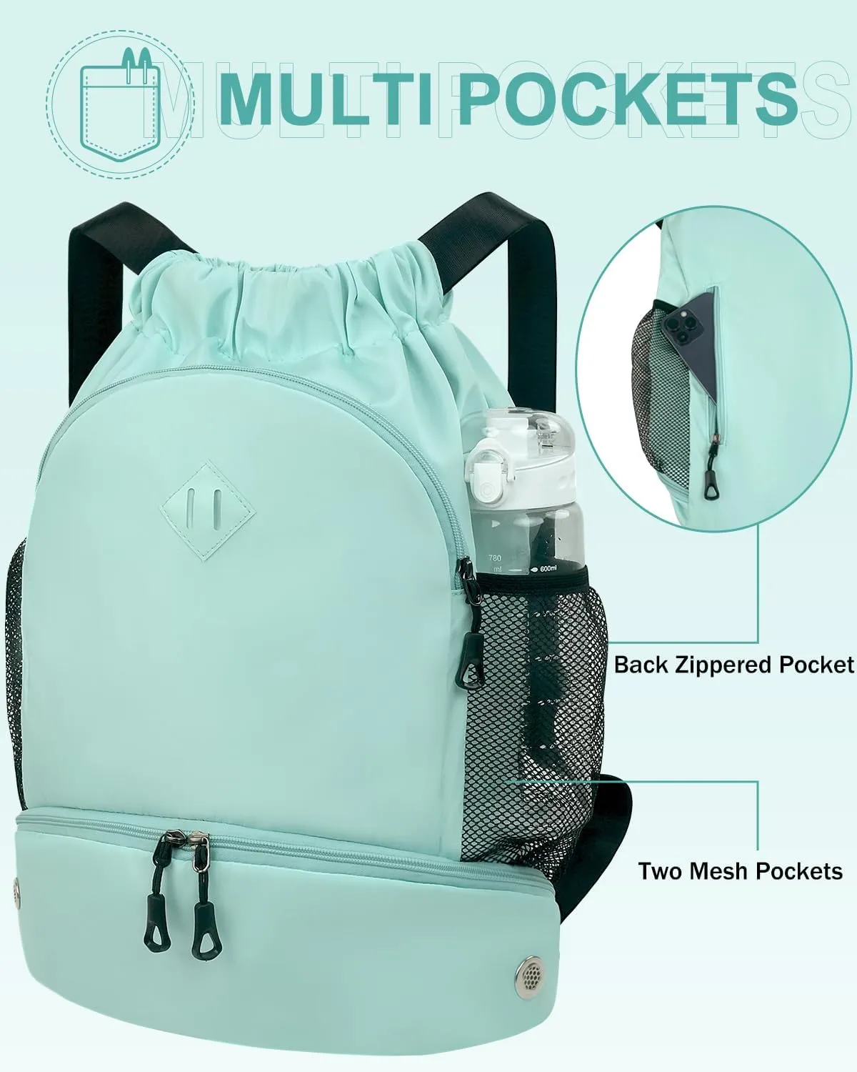 Drawstring Backpack Gym Backpack with Shoe Compartment for Men Women String Sports Bag with Wet Pocket Cinch Swim Beach Bag, Mint Green (Patent Pending)