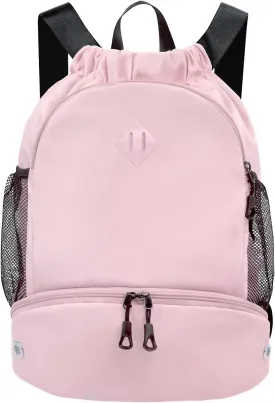 Drawstring Backpack Gym Backpack with Shoe Compartment for Men Women String Sports Bag with Wet Pocket Cinch Swim Beach Bag, Pink (Patent Pending)