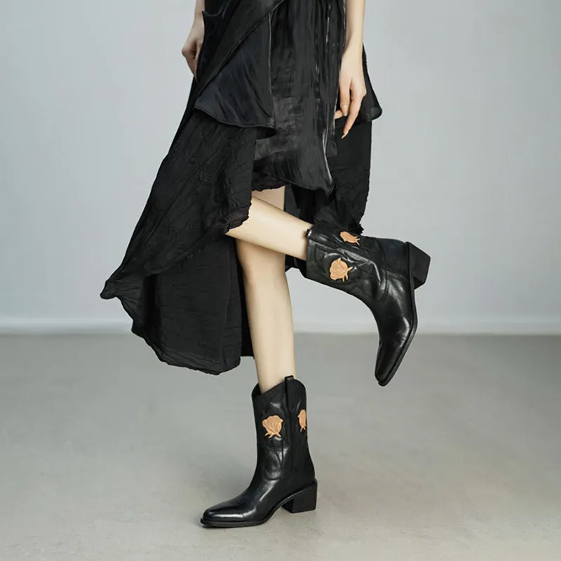 Flower Embroidery Cowboy Ankle Boots for Women Handmade Genuine Leather in Black - WESTERN BOOTS