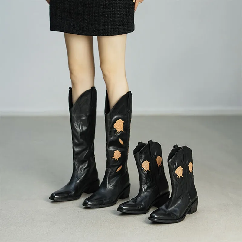 Flower Embroidery Cowboy Ankle Boots for Women Handmade Genuine Leather in Black - WESTERN BOOTS