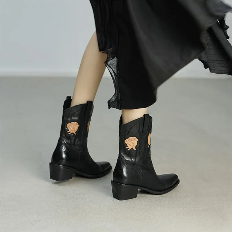 Flower Embroidery Cowboy Ankle Boots for Women Handmade Genuine Leather in Black - WESTERN BOOTS