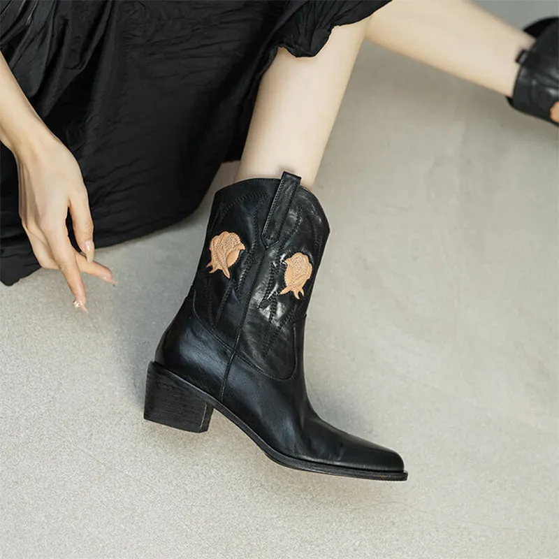 Flower Embroidery Cowboy Ankle Boots for Women Handmade Genuine Leather in Black - WESTERN BOOTS