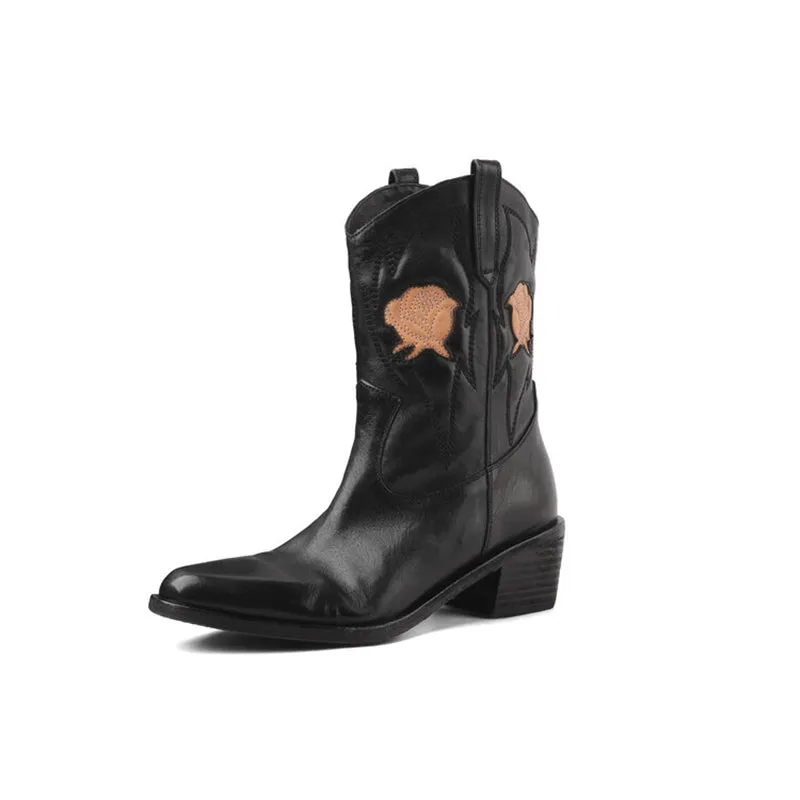 Flower Embroidery Cowboy Ankle Boots for Women Handmade Genuine Leather in Black - WESTERN BOOTS