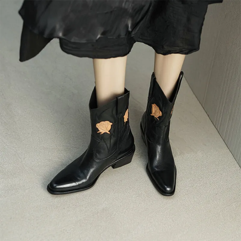 Flower Embroidery Cowboy Ankle Boots for Women Handmade Genuine Leather in Black - WESTERN BOOTS