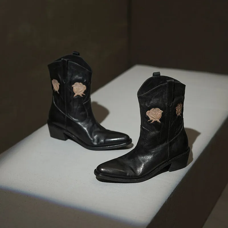 Flower Embroidery Cowboy Ankle Boots for Women Handmade Genuine Leather in Black - WESTERN BOOTS