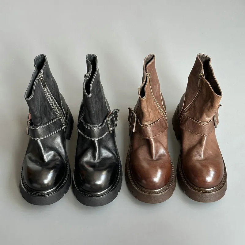 Horse Leather Platform Boots 40mm Heeled with Buckle and Size Zipper in Black/Coffee