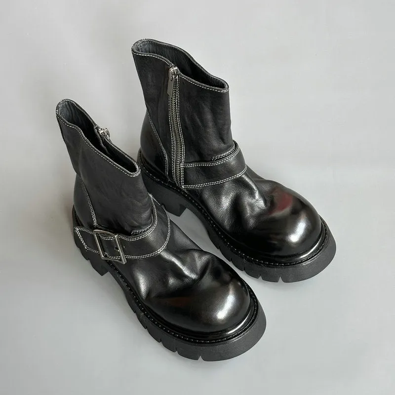 Horse Leather Platform Boots 40mm Heeled with Buckle and Size Zipper in Black/Coffee