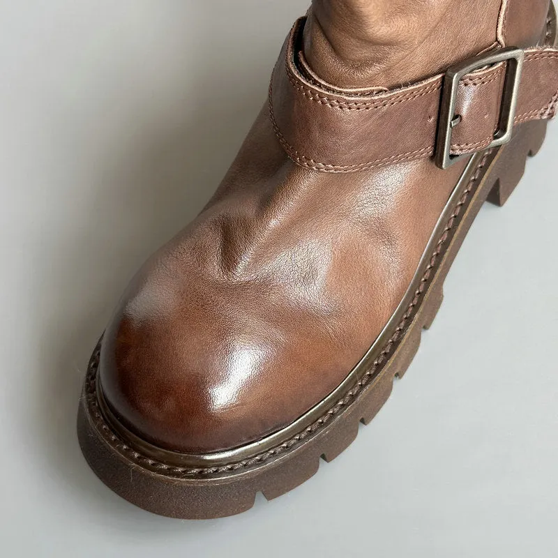 Horse Leather Platform Boots 40mm Heeled with Buckle and Size Zipper in Black/Coffee