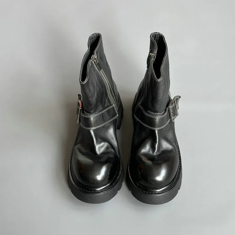 Horse Leather Platform Boots 40mm Heeled with Buckle and Size Zipper in Black/Coffee