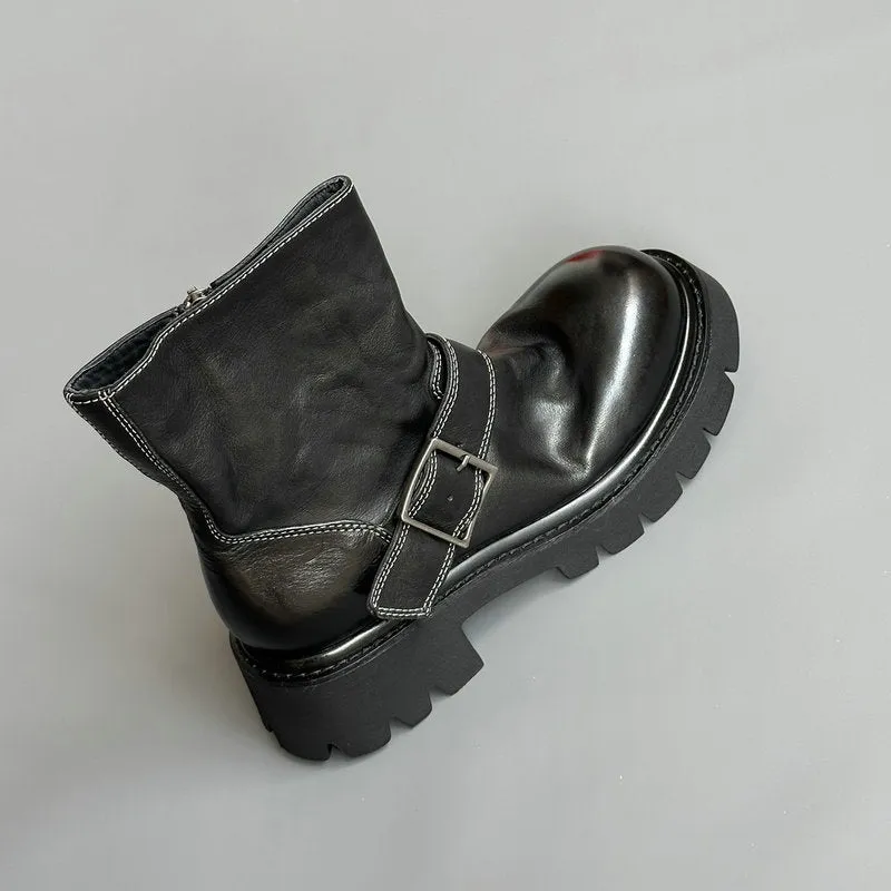 Horse Leather Platform Boots 40mm Heeled with Buckle and Size Zipper in Black/Coffee