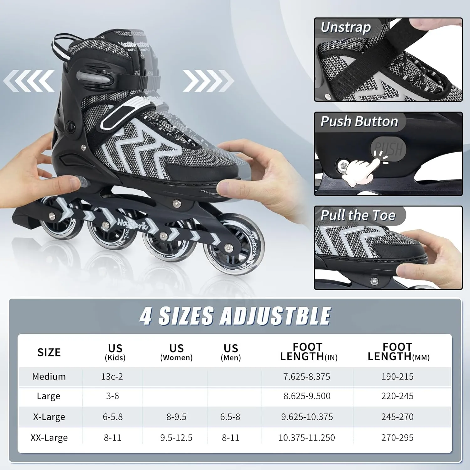 Nattork Adjustable Inline Skates - Black