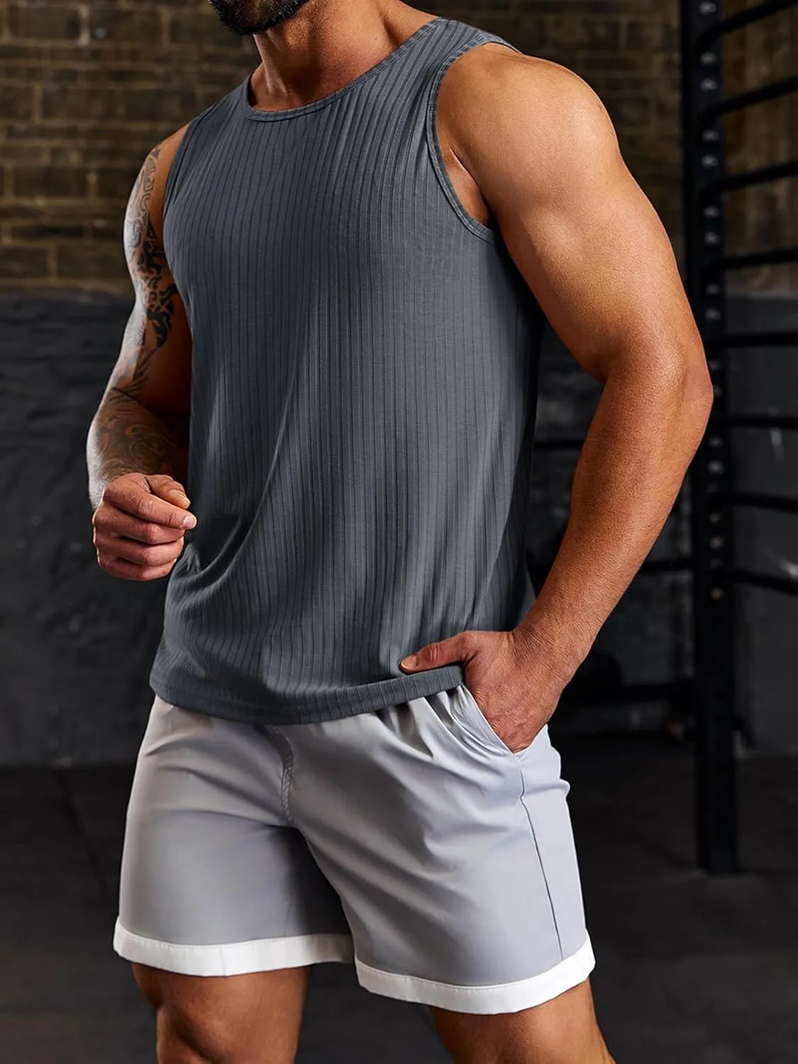 Runcati Men's Ribbed Tank Tops Knit Sleeveless Workout T Shirt Muscle Gym Fitness Tee