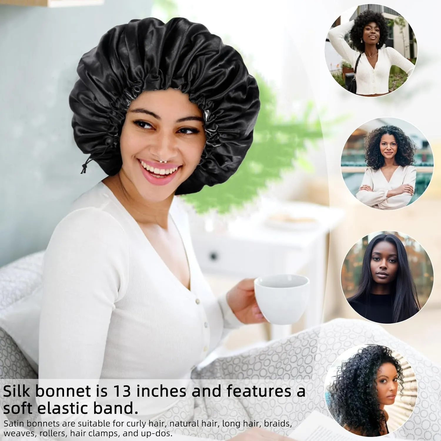 Satin Silk Bonnet for Curly Hair Bonnet Braid Bonnet for Sleeping Bonnets for Women Large Double-Layer Adjustable Black
