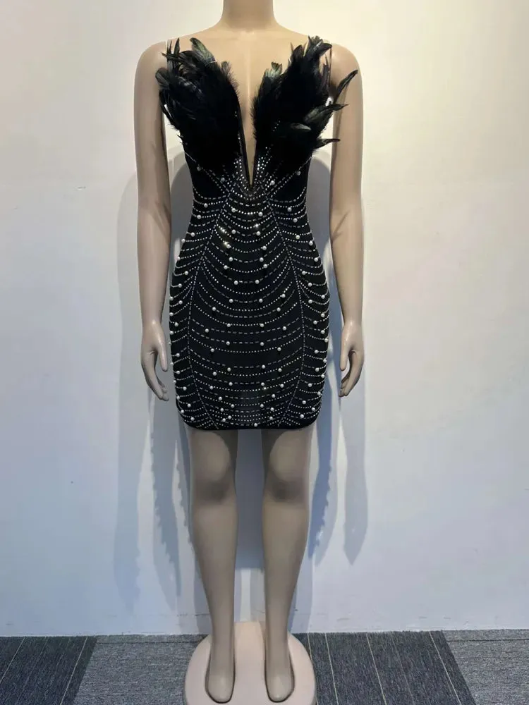 Trendy Pearl Rhinestone Feather Party Dress