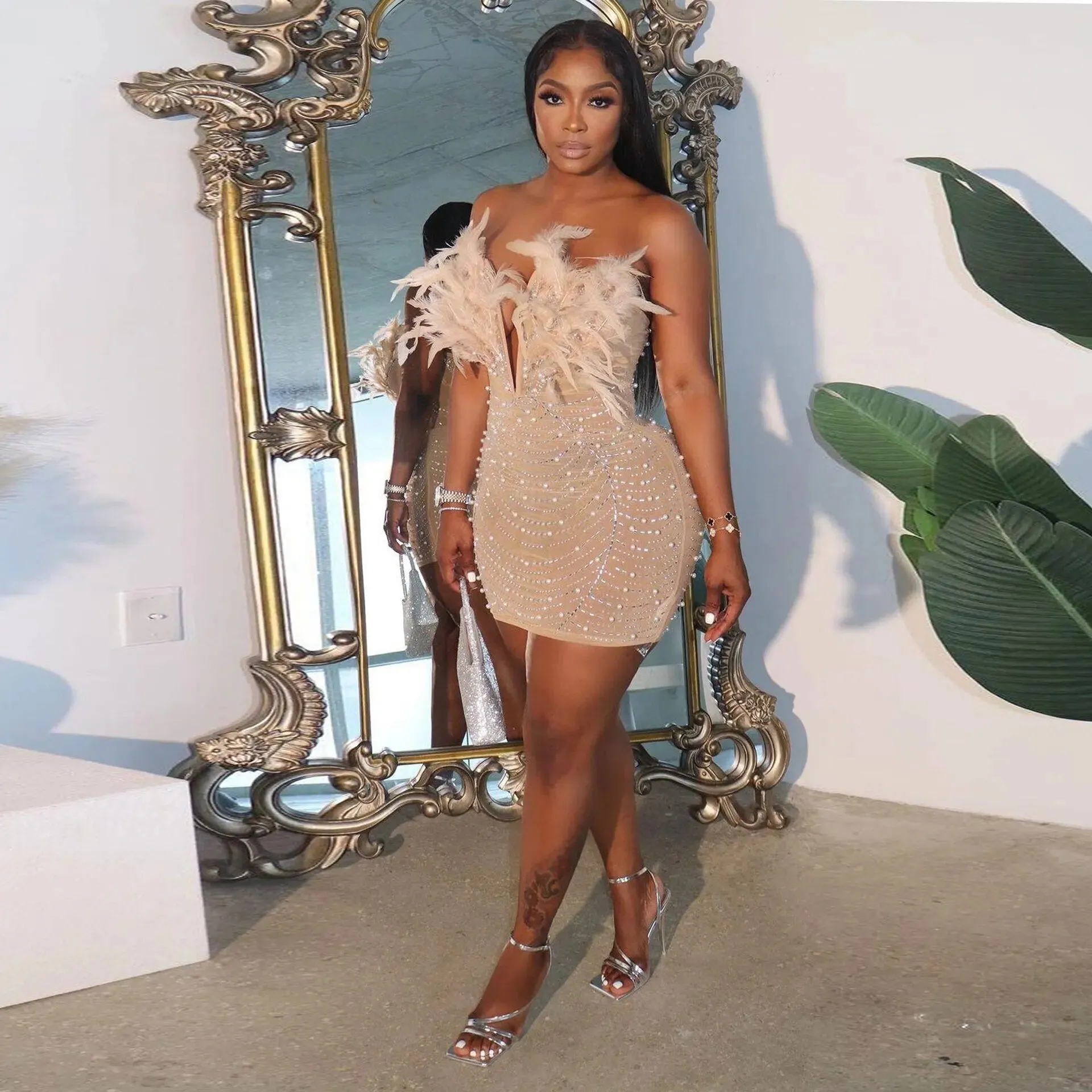 Trendy Pearl Rhinestone Feather Party Dress