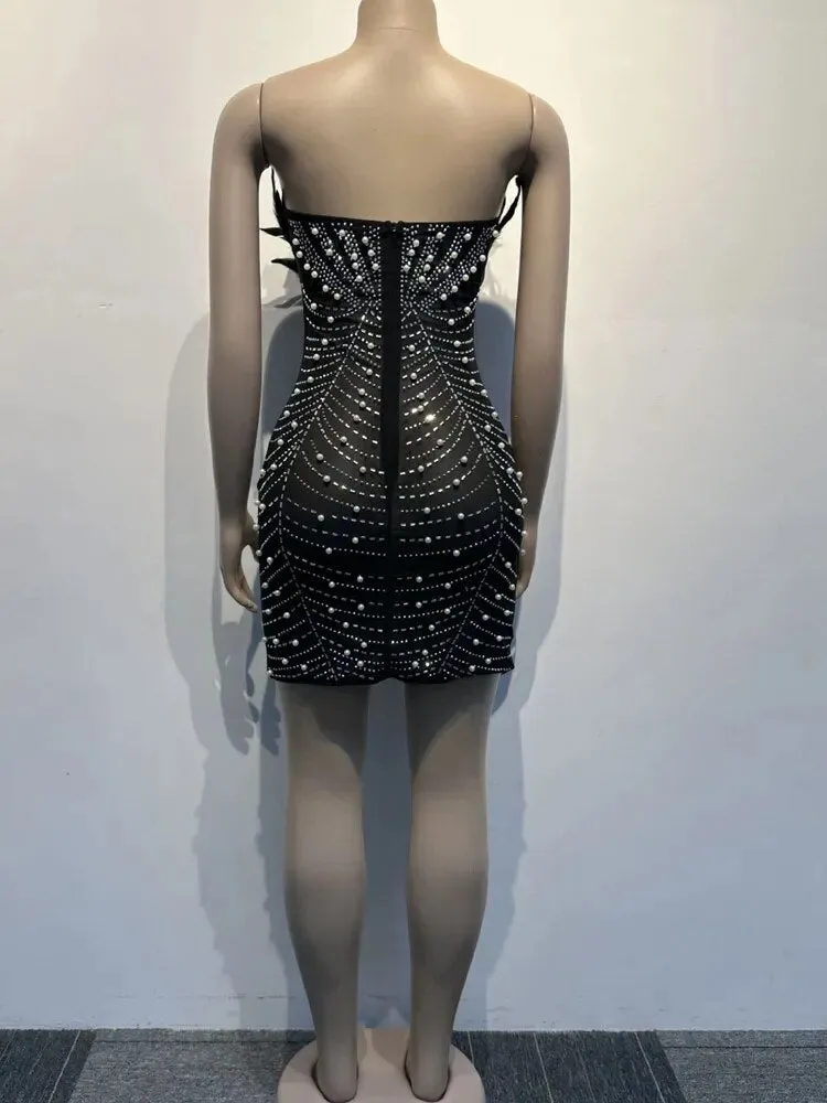 Trendy Pearl Rhinestone Feather Party Dress